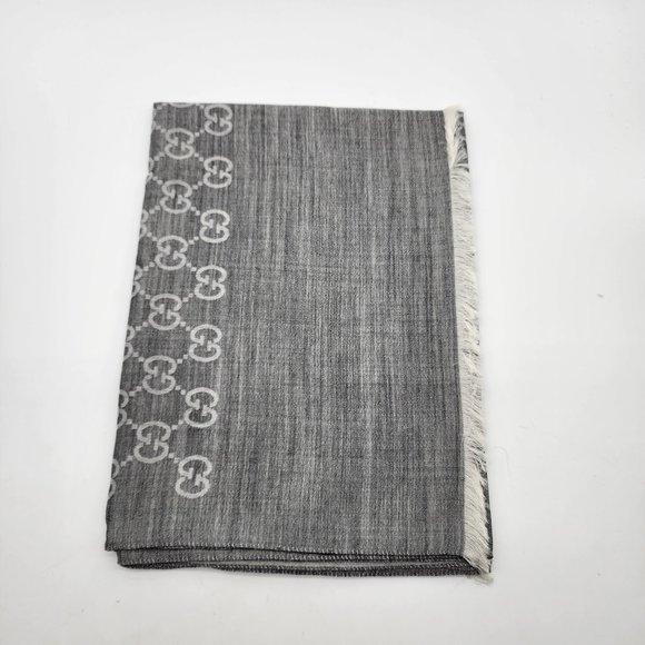 Gucci Wool Silk Monogram Fringe Scarf/Shawl | Gray | NEW - Picture 2 of 7
